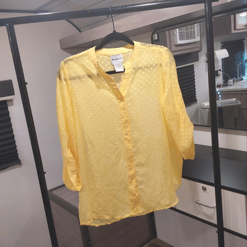 Yellow Polka Dot Button-Down Shear  Shirt By BON WORTH